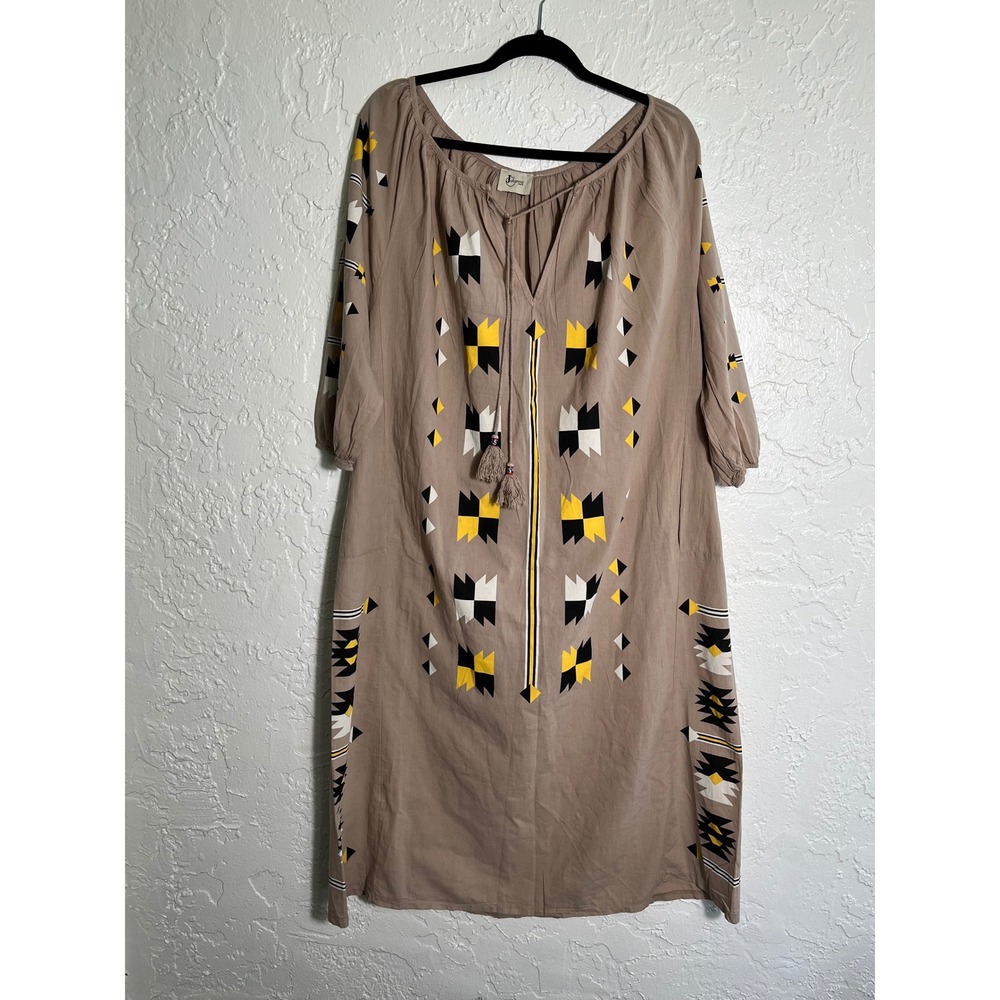 Boho Embroidered Midi Dress in Taupe with Yellow & Black Accents
